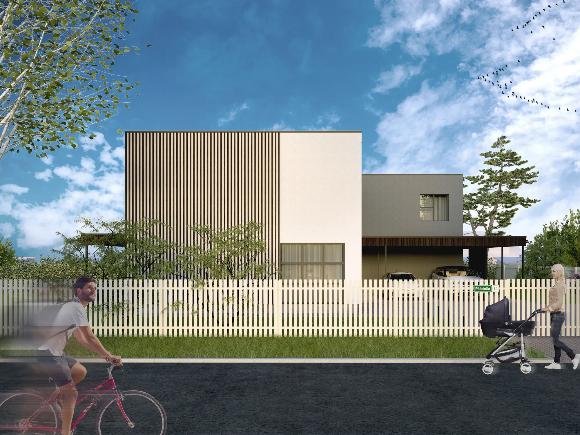 Kahekorruselise paariselamu projekti Tallinnas 3D visualiseering tänavalt