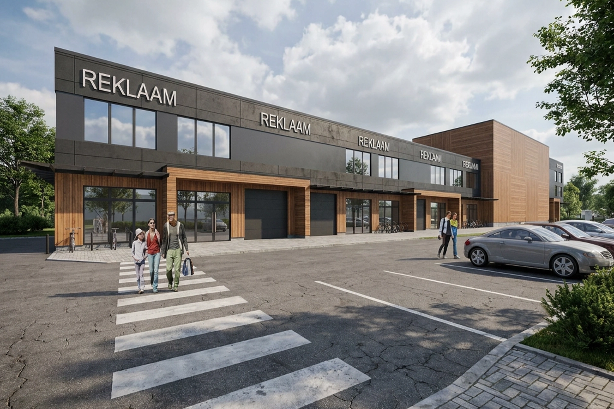 Riisipere tee 1, Haiba küla, Saue vald, Harju maakond, ViaBaltica ääres asuva suure kinnistu ärihoone, stock-office, väiketootmishoone, kaupluse 3D visualiseering tänavalt